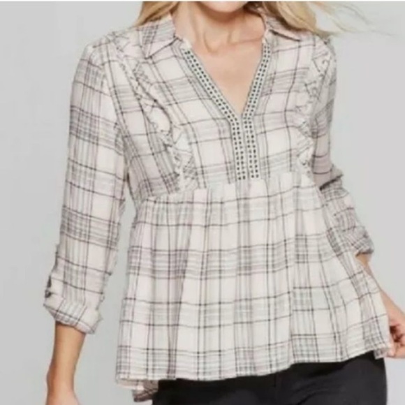 Knox Rose plaid fringe embroidered western boho babydoll top convertible sleeve - Picture 1 of 9